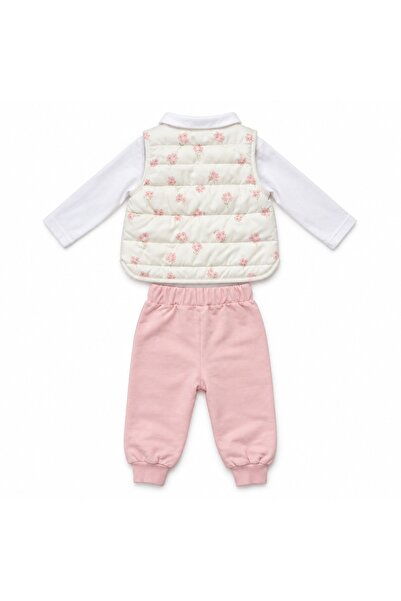 Pure Boutique Compleu fetita 3 piese bumbac roz cu vesta fas florala si bluza cu guler