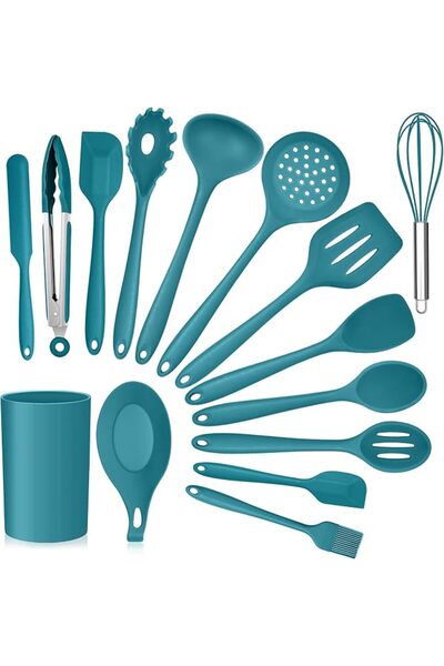 GENERAL E-far Teal Blue Kitchen Utensils Set, 15-Piece Silicone Cooking Utens...