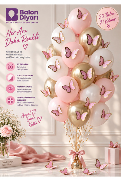 BALON DİYARI 20'li Pembe Gold Balon Demeti 21'li Kelebek Süs – Balon Bandı Dahil