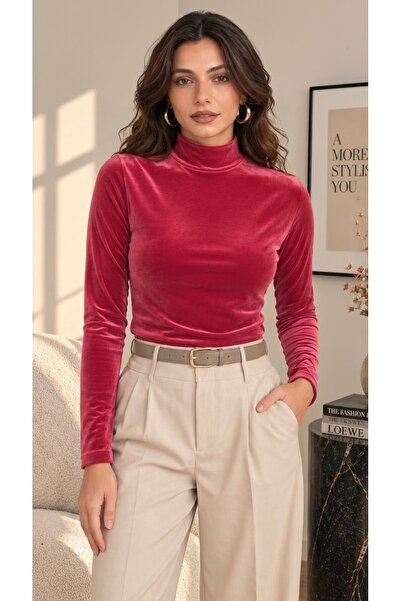 MELA ROSSA Women's Pink Velvet Fabric High Neck Long Sleeve Basic Blouse