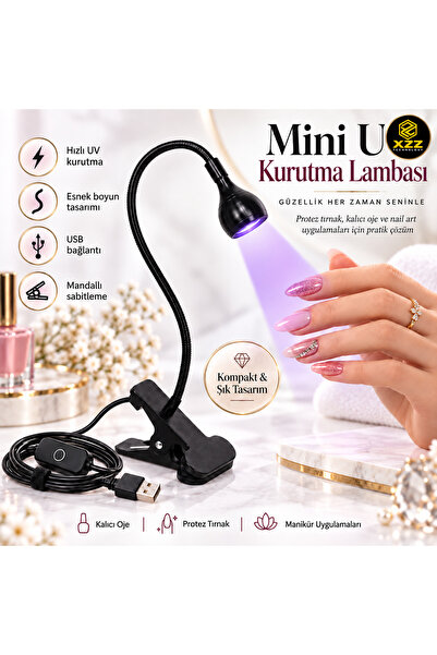 Mini UV LED Tırnak Kurutma Lambası Esnek Boyunlu Klipsli USB Jel Oje ve Protez Tırnak Kürleme Işığı