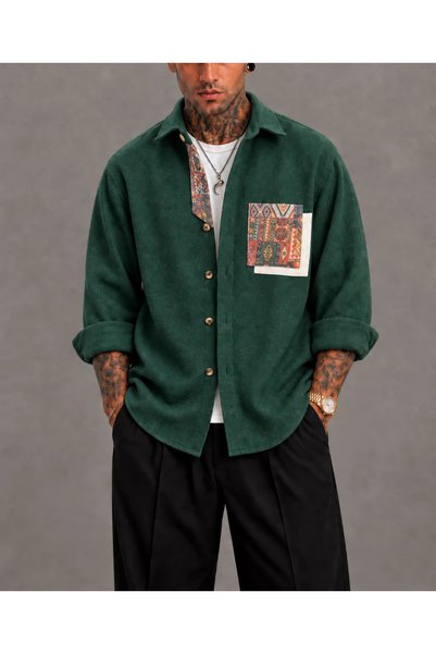 FıttingRoom Oversize Bohemian Cotton Cashmere Emerald Shirt