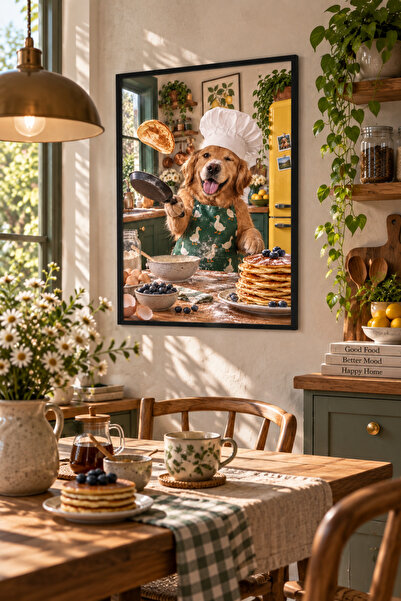 OAKY Life Pankek Yapan Şef Köpek Tablo – Çerçeve Görünümlü MDF Eğlenceli Mutf...