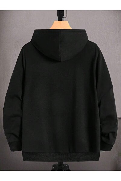 LOTS MODA Sweatshirt Zippered Cardigan - Black Printed Oversized Winter Hoodie with Pockets