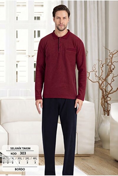 Erse Erkek %100 Pamuk Bordo Polo Yaka Selanik Dokuma Kalın Kışlık Pijama Takım