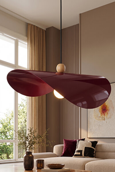 Marrien Colin Ahşap Boncuk Detaylı Bordo Metal Sarkıt (45 cm) Yemek Masası Üs...