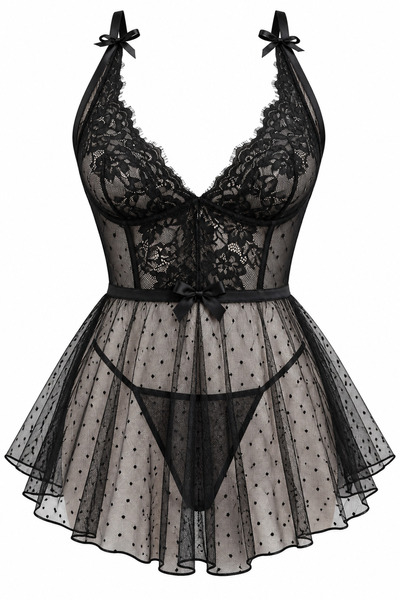 Lily Bianca Nightwear Lily Bianca Kadın Tül Dantel Detaylı Boyundan Bağlamalı...