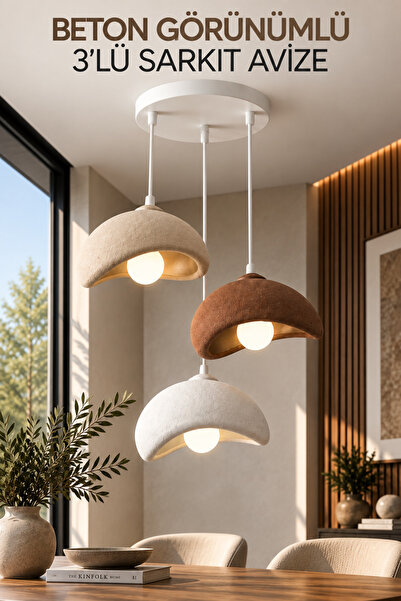 Beton Görünümlü 3’lü Sarkıt Avize PLA Bohem Modern Rustik Sütlü Kahve-Kahve-Beyaz 25x25 cm Beyaz LED Ampul Hediyeli