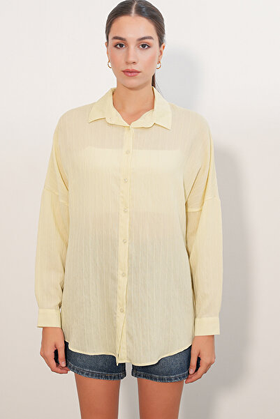 Modamorfo Women's Stripe Detailed Oversize Shirt 20407 - Yellow