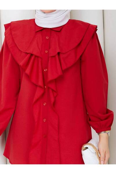 NEW JOURNAL Women's Red Layered Collar Shirt with Volan on the Front Asf401