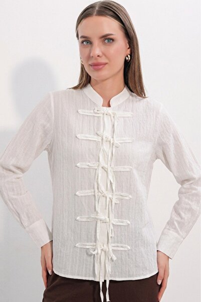 Modamorfo Women's Front-Tie Striped Shirt 20404 - White