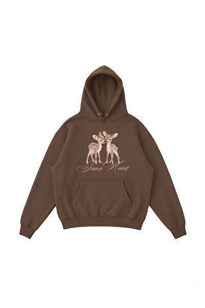 WHITE OF CREATIVE Kadın Fawn Heart Geyik Baskılı Oversize Hoodie 3 İplik Kapü...
