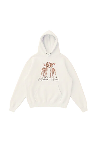 WHITE OF CREATIVE Kadın Fawn Heart Geyik Baskılı Oversize Hoodie 3 İplik Kapü...