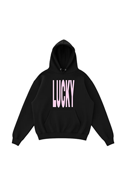 WHITE OF CREATIVE Kadın Lucky Yazılı Baskılı Oversize Hoodie 3 İplik Kapüşonl...