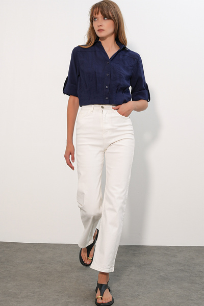 Modamorfo Women's Crop Oversize Shirt 20390 - Navy Blue