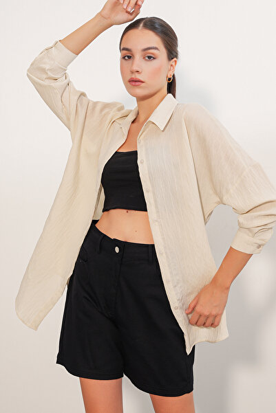 Modamorfo Women's Striped Detailed Oversize Shirt 20407 - Cream