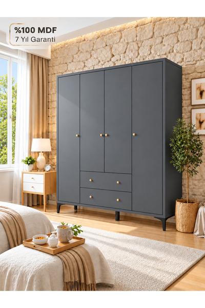 VENATTO lucca antrasit 4 kapılı,2 çekmeceli dolap(%100mdf)
