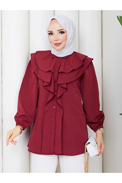 NEW JOURNAL Women's Burgundy Layered Collar Shirt with Flounces on the Front ...