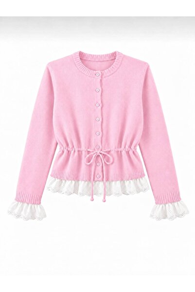 NATUFIAN STORE Kadın Beli Ayarlamalı Kenarları Dantelli Bisiklet Yaka Triko B...