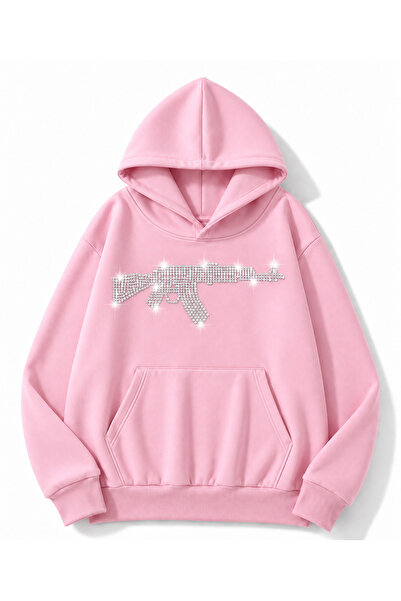 MOONBULL Erkek Tüfek Taş Baskılı 3 İplik Kışlık Kapüşonlu Kanguru Cepli Oversize Sweatshirt
