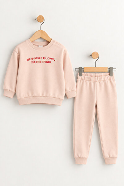 Tinymuyt Kız Bebek/Çocuk Baskılı Penye İki İplik Sweat/Pantolon 2'li Takım Pudra