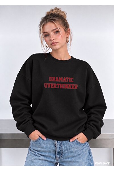 FUFLUNS Dramatic Overthinker Printed Oversized Women's Crewneck Sweatshirt