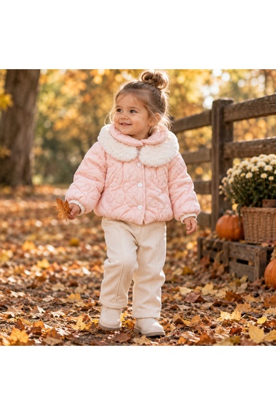 Pure Boutique Costum fetita 3 piese roz cu geaca matlasata si guler din blani...