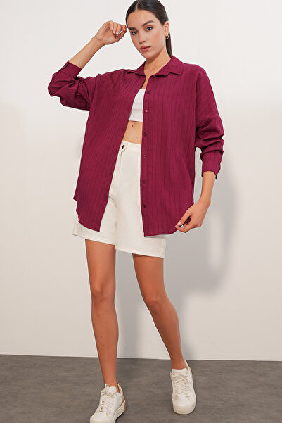 Modamorfo Women's Stripe Detailed Oversize Shirt 20407 - Claret Red