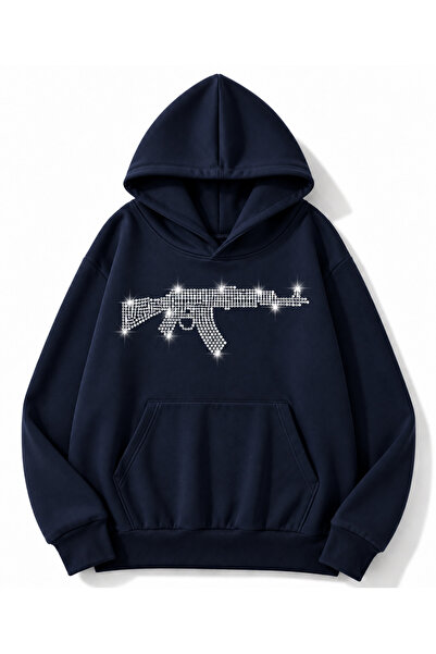 MOONBULL Erkek Tüfek Taş Baskılı 3 İplik Kışlık Kapüşonlu Kanguru Cepli Oversize Sweatshirt