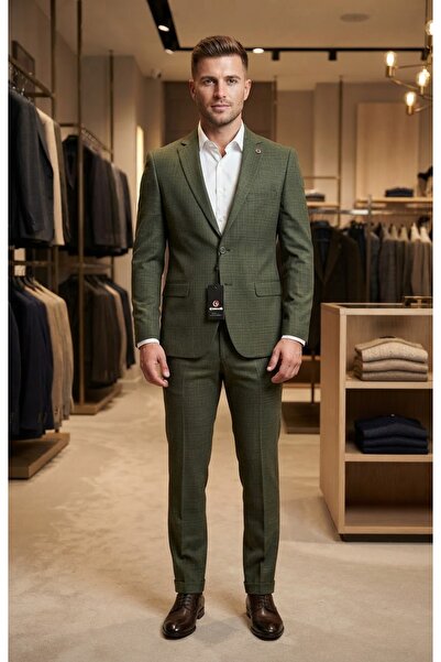 SABRİ ZENGİN Erkek Koyu Yeşil Slim Fit Filafil Kumaş 2 Parça Takım Elbise