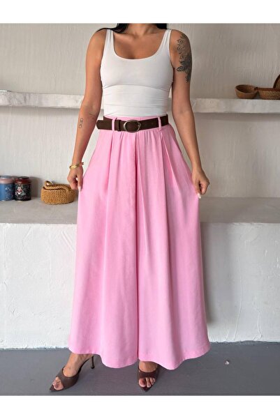 NEW JOURNAL Women's Pink Belted Pleated High Waist Wide Leg Trousers Mi̇n5003