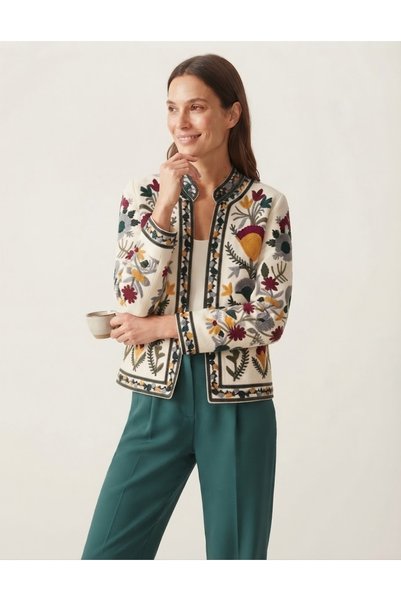 By-esq Women's Ecru Embroidered Jacket Floral Embroidered V-Neck Long Sleeve Stylish Jacket
