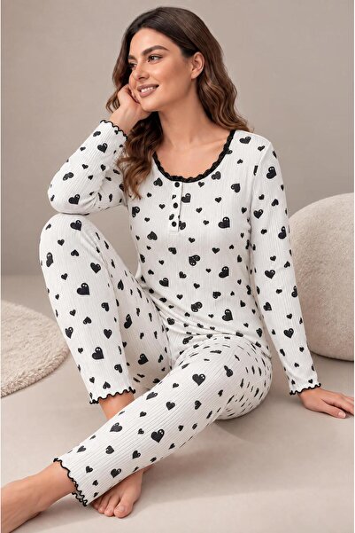cotonhause Women's Long Sleeve Half Placketed Report Interlock White Pajama S...