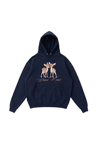 WHITE OF CREATIVE Kadın Fawn Heart Geyik Baskılı Oversize Hoodie 3 İplik Kapü...
