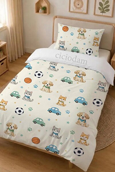 CİCİ ODAM Arabalı Futbol Toplu Kedi ve Köpekli Nevresim Takımı 4279