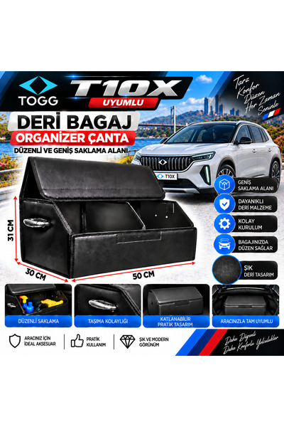 STS Oto Aksesuar Togg T10X Uyumlu Oto Bagaj Organizeri Deri Bagaj Kutu Çanta