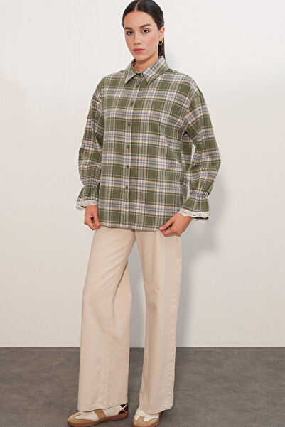 Modamorfo Women's Tulle Detailed Lumberjack Shirt 20410 - Khaki