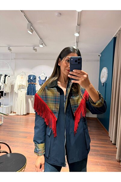 MODA Plaid Detailed Jacket with Detachable Shawl
