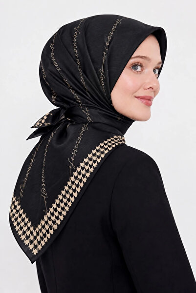 Lesscarves LS2210 Desenli Pamuk İpek Eşarp 90x90 cm 13-Siyah-Bej