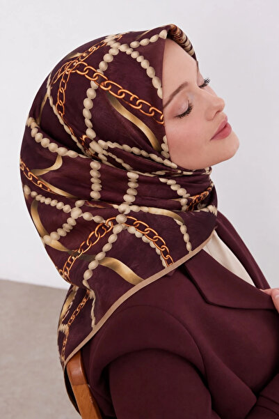 Lesscarves LS2208 Desenli Pamuk İpek Eşarp 90x90 cm 08-Bordo-Bej-Gold
