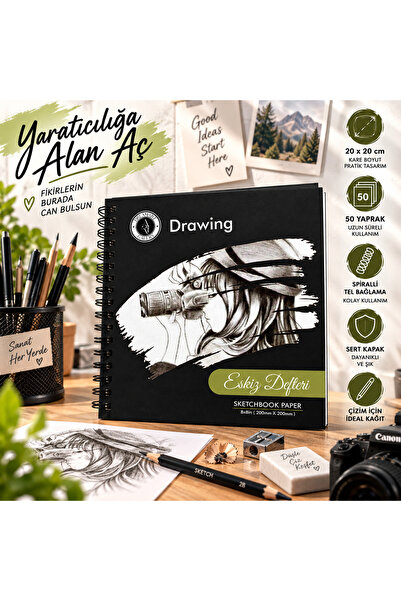 DreamArtgalery دفتر رسم سكيتش بوك 20x20 سم 50 ورقة حلزوني الشكل من الجانب
