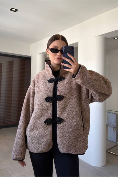 ZF BUTİK Black Piping Detailed Button Closure Teddy Coat