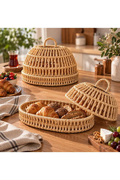 PASDO PASTACILIK Oval Hasır Ekmeklik Sepeti Kapaklı Ayaklı Sunumluk Kahvaltı ...