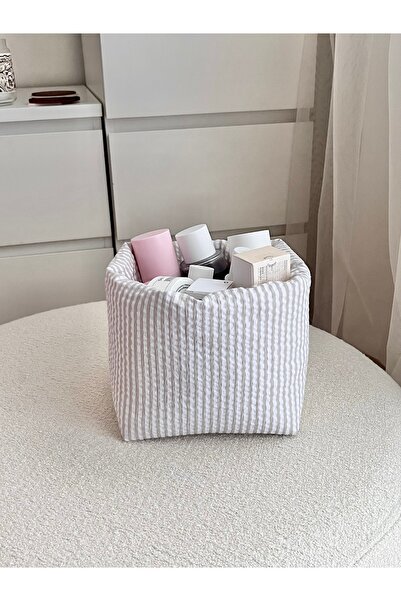 Lulishop Beige Striped Multi-Purpose Fabric Organizer Basket – Makeup Organiz...