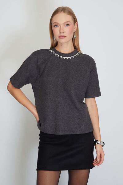 Fulla Moda Stoned Crew Neck Thessaloniki Knit Blouse