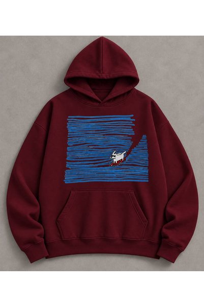 Kapüşonlu Baskılı Kanguru Cepli Rahat Kesim Oversize Sweatshirt
