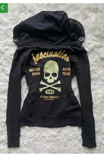 Moonstarcollection Siyah Fascination Skull Gotik Harajuku Y2K Kapşonlu Tam Bo...
