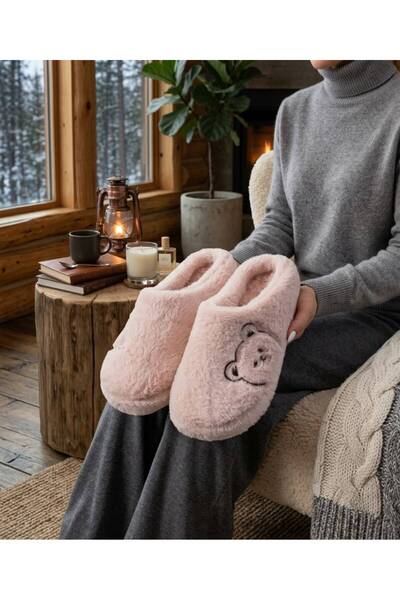 FEMME FATALE Teddy Bear Embroidered Plush Slippers Home Slippers