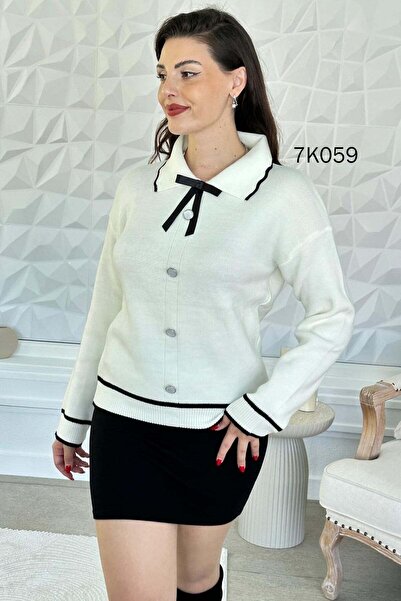 İnce Topuk Button Detail Bowknot Knitwear Blouse 7K059