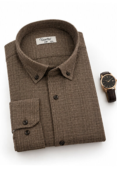 Varetta Men's Brown Winter Shirt Wide Cut Single Pocket Collar Buttoned